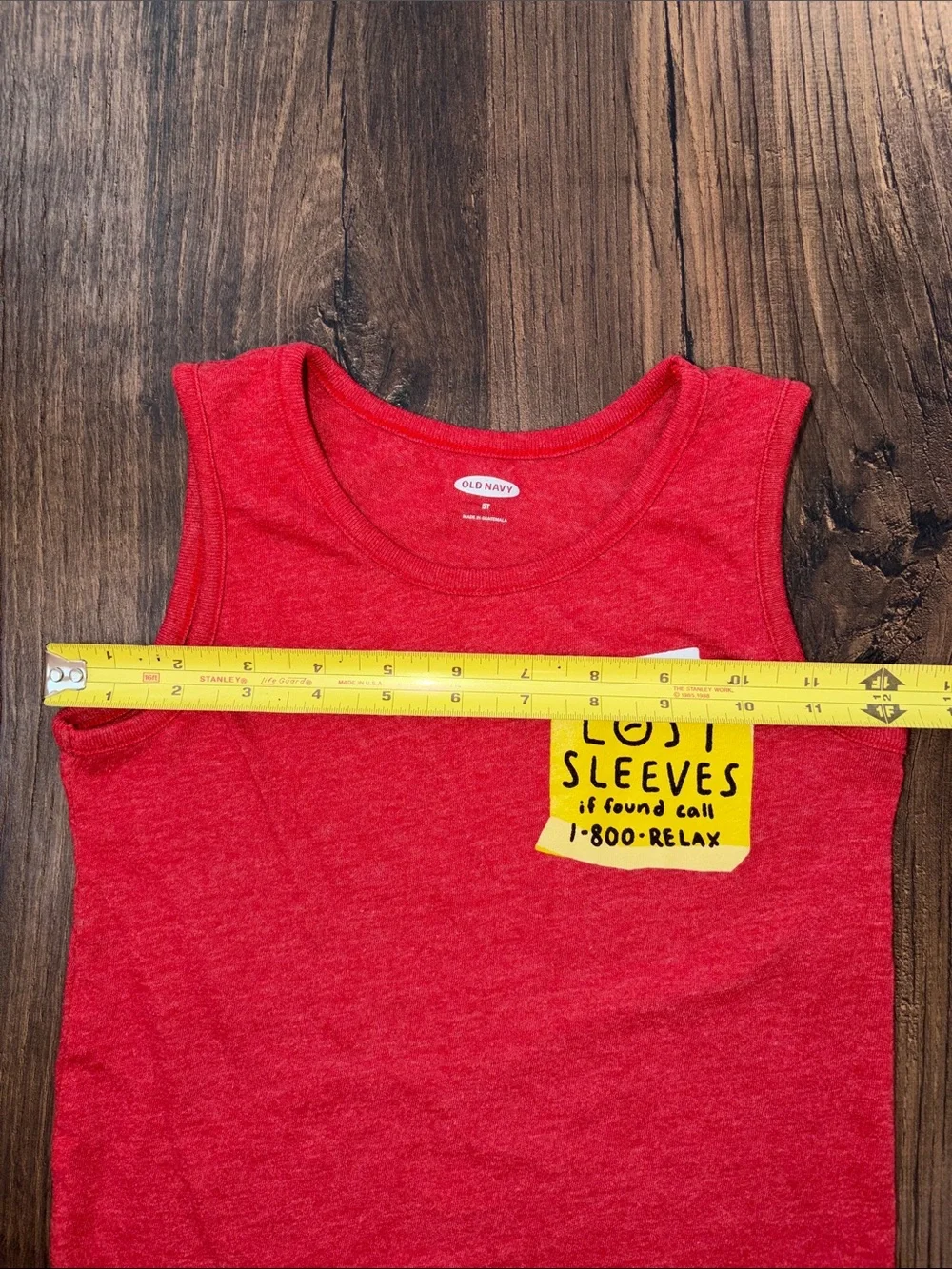 Old Navy Red Tank Top with Yellow 'Lost Sleeves' Patch